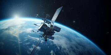 Starlink: Nowa era internetu z kosmosu Technologia Zdjęcie przedstawia satelitę Starlink orbitującego wokół Ziemi.