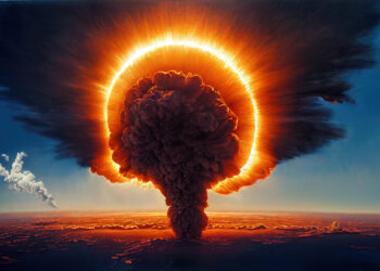 Eksplozja bomby jądrowej z charakterystycznym grzybem atomowym na tle miasta.
