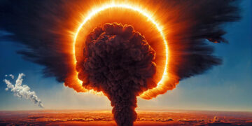 Eksplozja bomby jądrowej z charakterystycznym grzybem atomowym na tle miasta.